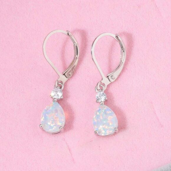 14K White Gold with Genuine White Fire Opal and CZ Teardrop Leverback Earrings - Picture 2 of 5